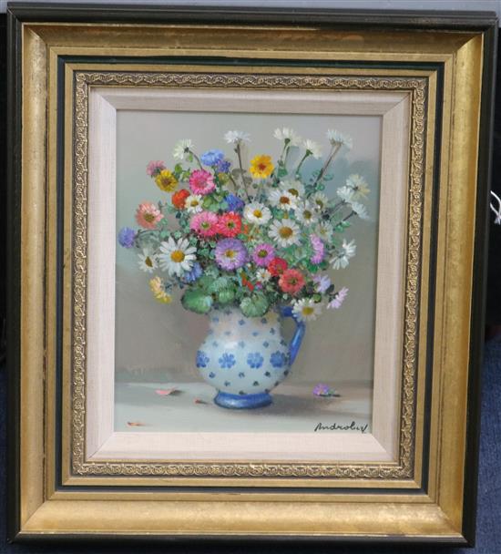 André Robert, oil, Flowers for a blue and white vase(-)